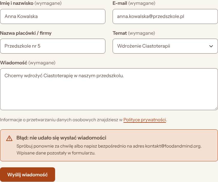 Formularz kontaktowy, stan: Błąd wysyłki, desktop
