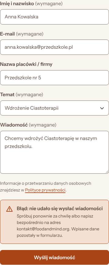 Formularz kontaktowy, stan: Błąd wysyłki, telefon