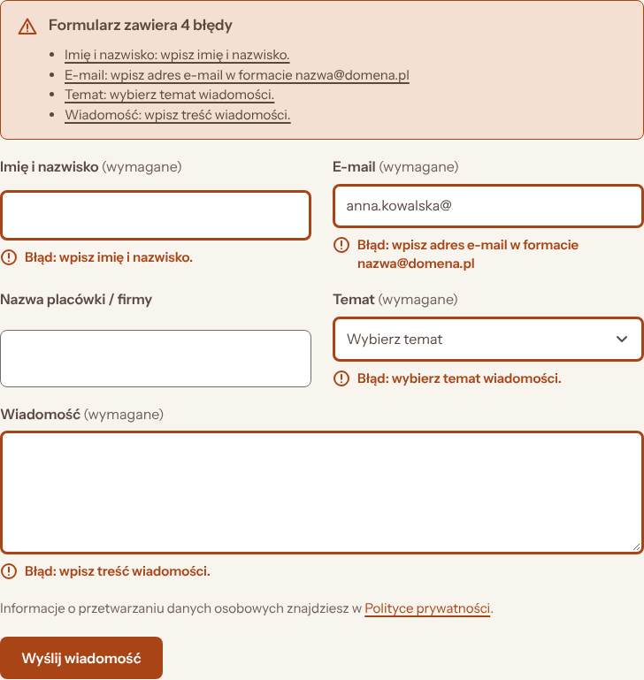 Formularz kontaktowy, stan: Błędy pól, desktop