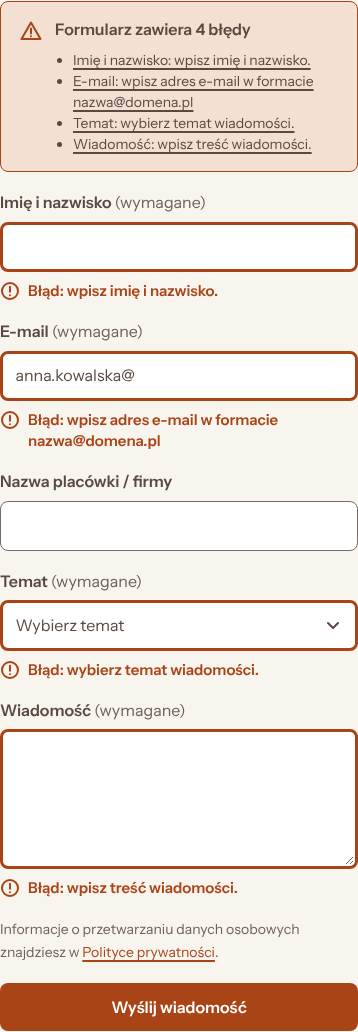 Formularz kontaktowy, stan: Błędy pól, telefon
