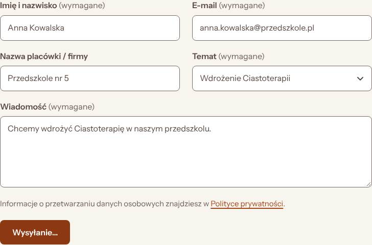 Formularz kontaktowy, stan: Wysyłanie, desktop