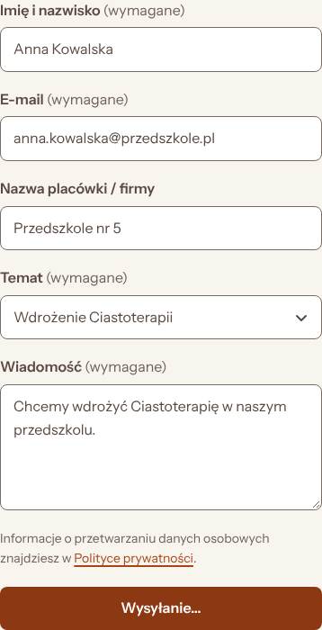 Formularz kontaktowy, stan: Wysyłanie, telefon